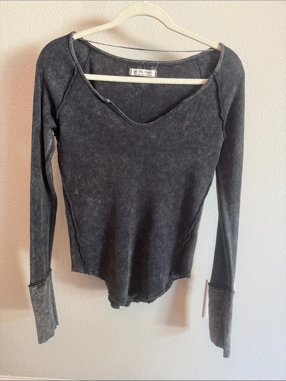 Free People Washed Black Ribbed V-Neck Long Sleeve Top